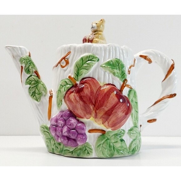 Vintage Ceramic Teapot Garden Fruit Teddy Bear Grapes Apples Collectible Display - Picture 15 of 16